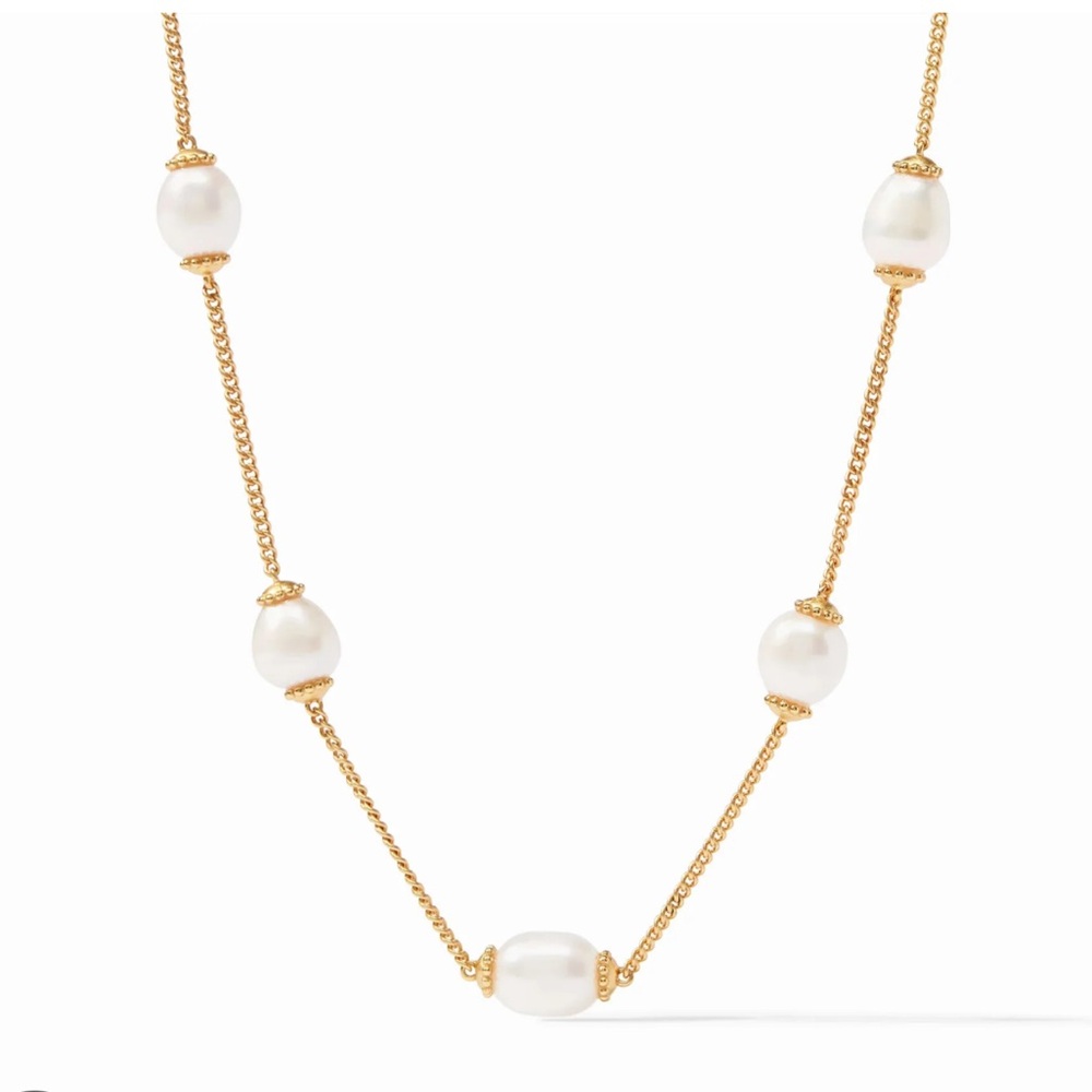 $195 Julie Vos Flora Gold and White Pearl Station Necklace